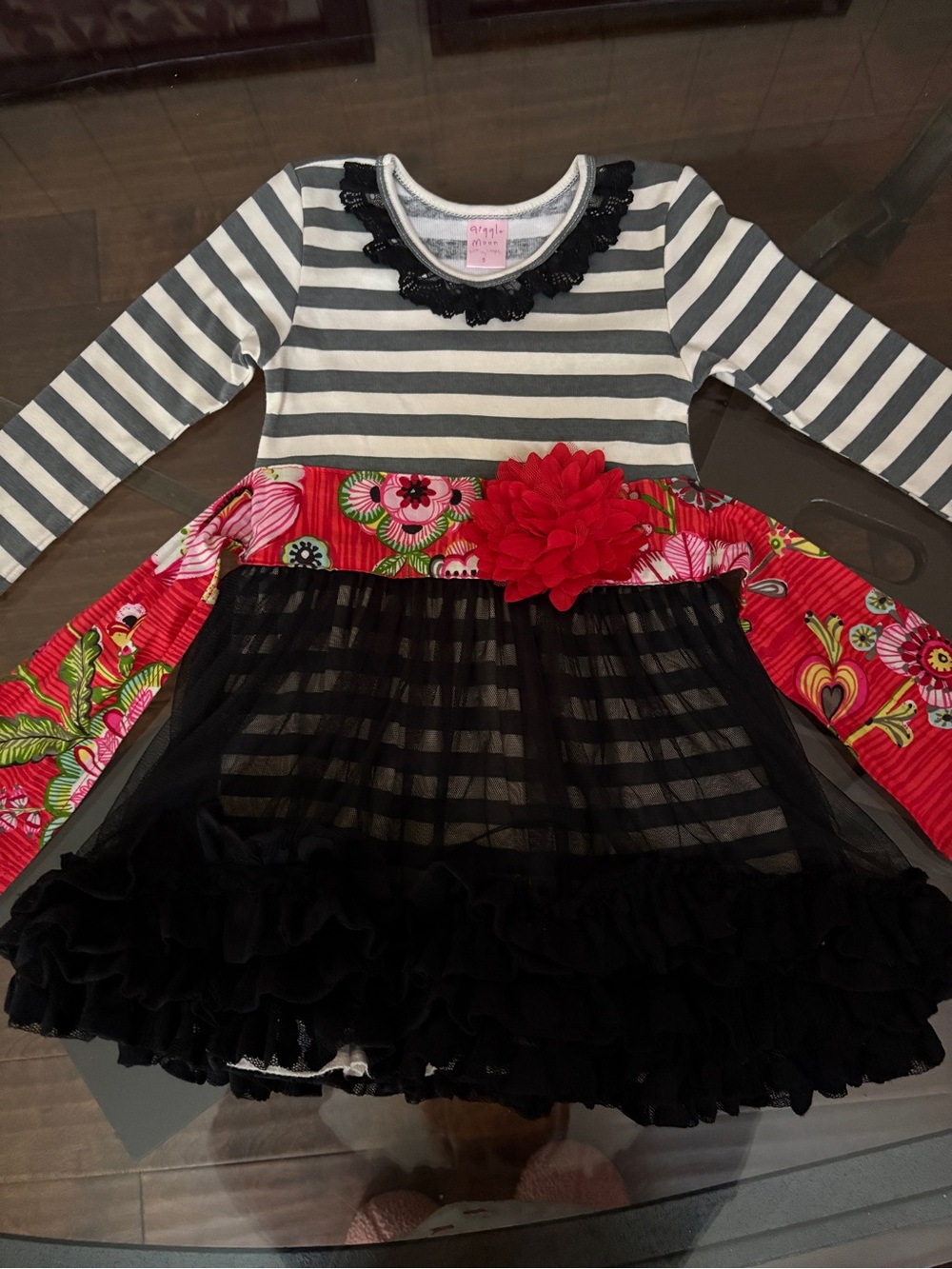 Giggle Moon Black, White & Red Floral Stripe Tulle Dress with Red Flower